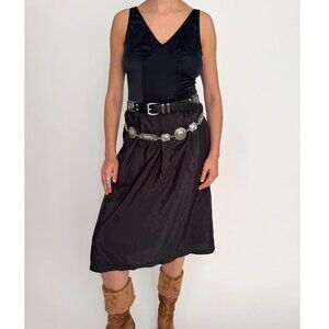 70s vintage black Olga stretch nylon witchy classic minimalist midi slip dress
